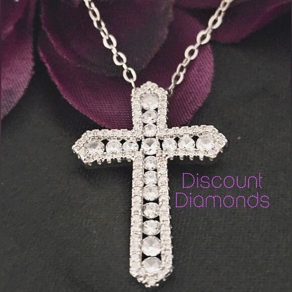 Clear White Cross Diamond Pendant Necklace on 925 Sterling Silver - Womens